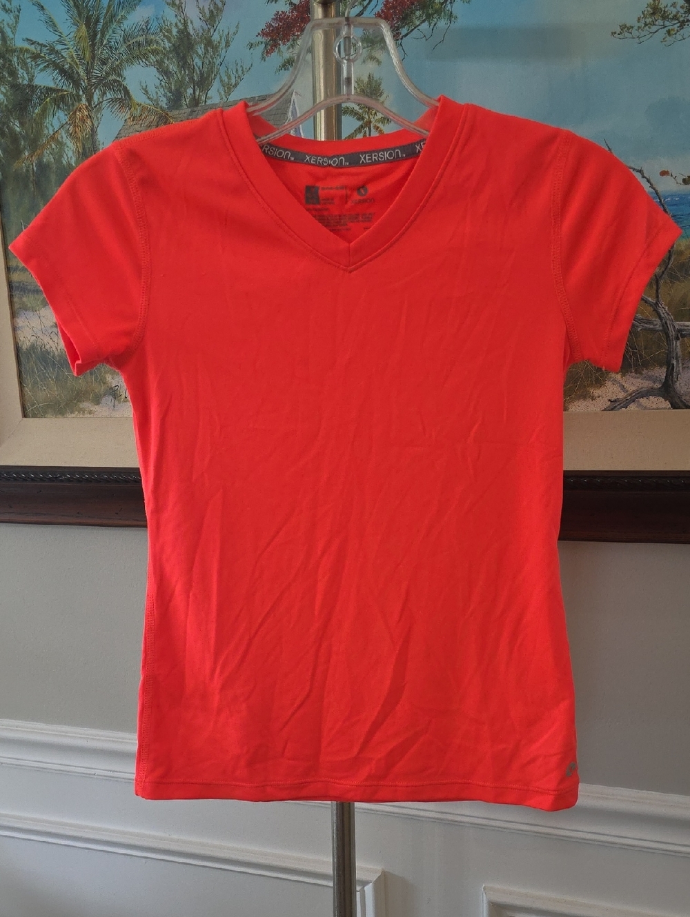 Xersion Women's Short Sleeve V-Neck Top in Bright Coral-Red